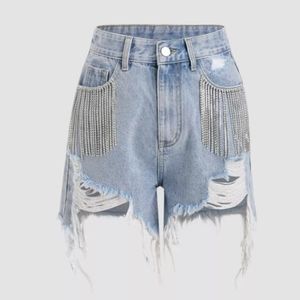 Diamond Tassels Ripped Denim Shorts
